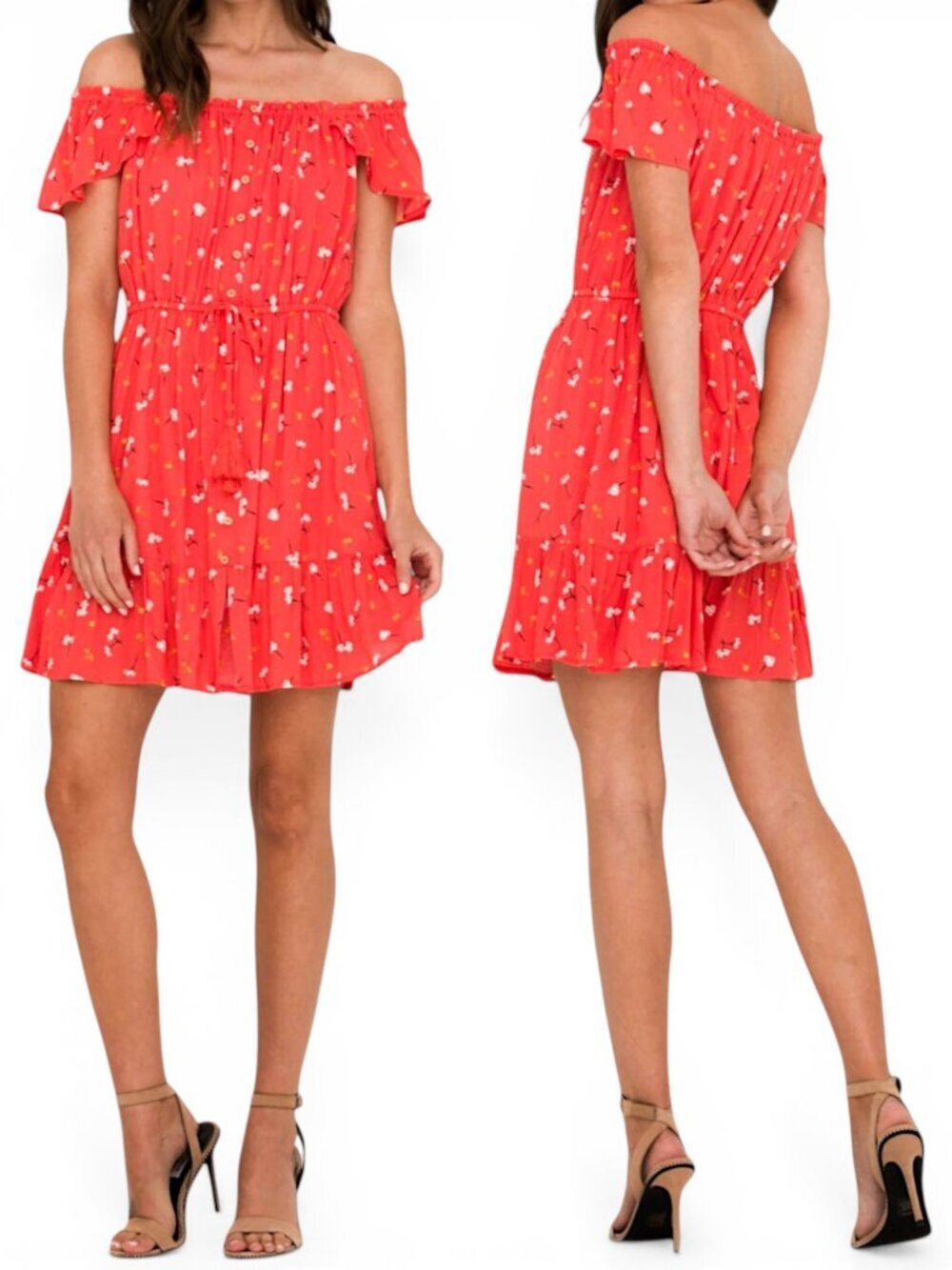 Miss Me Red Orange Floral Off the Shoulder Button Front Mini Dress New NWT L